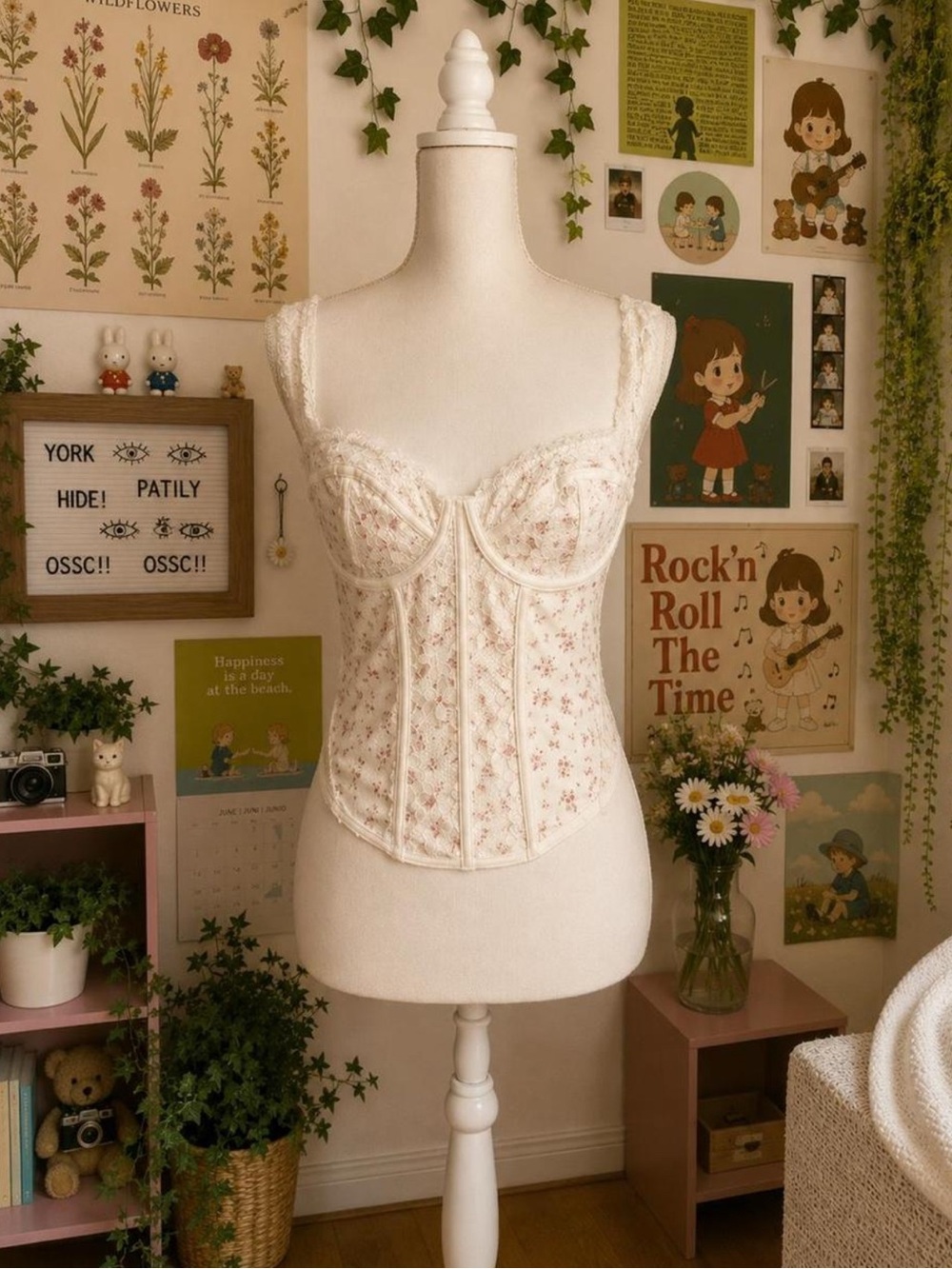 Floral Corset Top in Cream with Pink Rose Print
